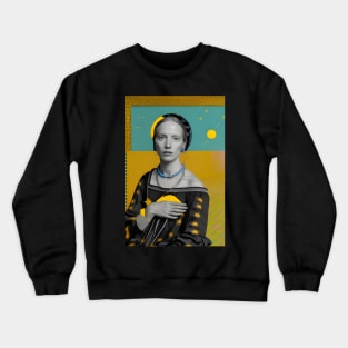 Renaissance Surrealism Painting of a Lady in Blue and Yellow Crewneck Sweatshirt